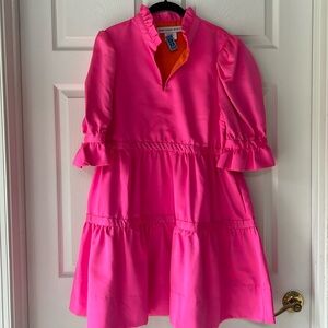 Hot pink party dress, puff sleeves, ruffle collar